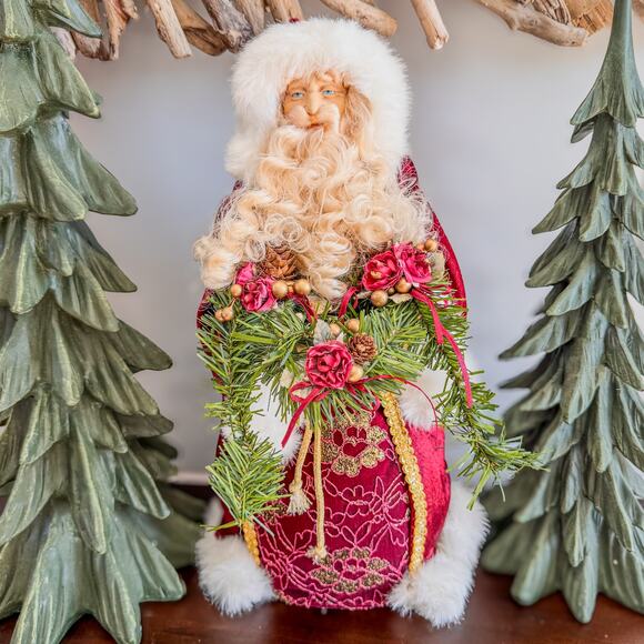 Vintage Burgundy/Gold Santa Claus Tabletop/Treetop Christmas Decor w Garland 16” - Picture 2 of 9